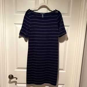 Lauren Ralph Lauren Navy and White Striped Boatneck Midi Dress